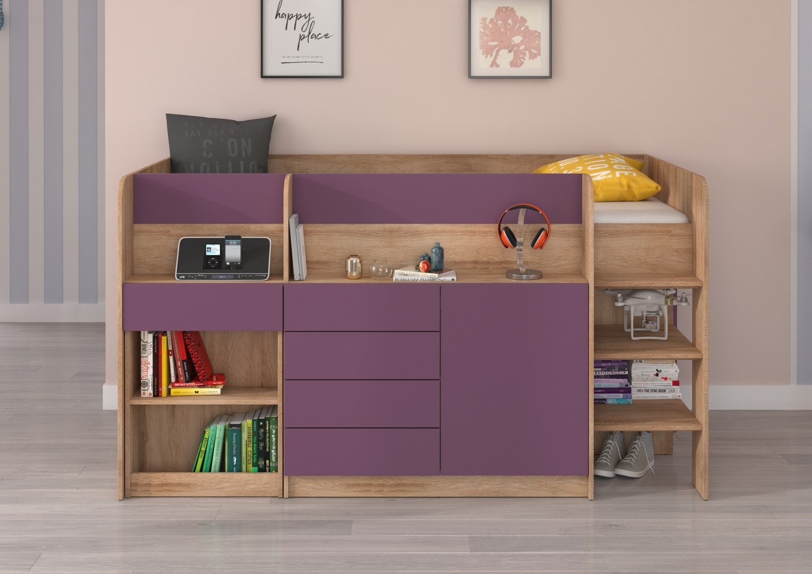 EMI P bunk bed, desk, chest of drawers, mezzanine, Sonoma oak, purple - Image 3