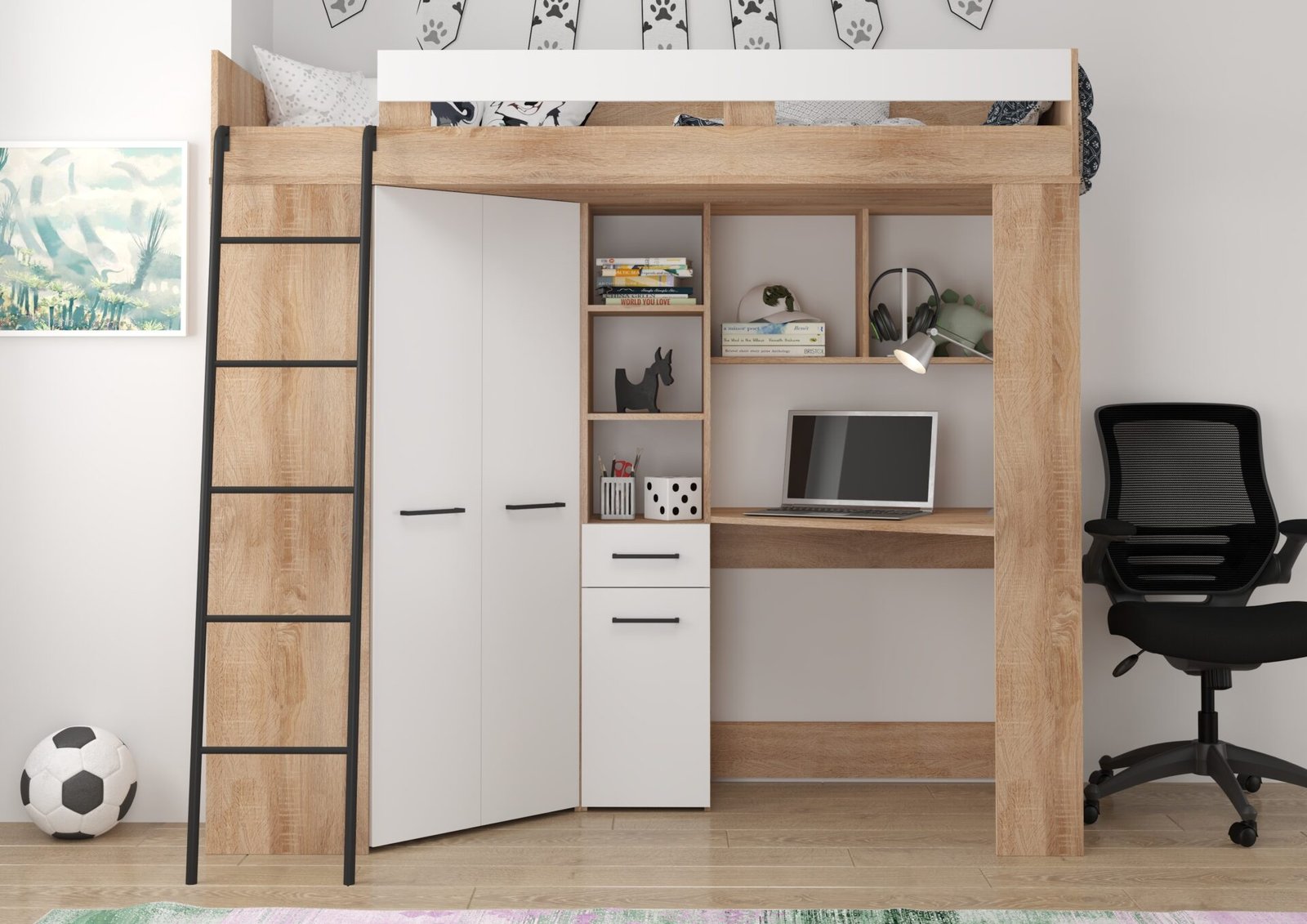 FLO L bunk bed with desk, corner wardrobe, mezzanine, Sonoma oak, white - Image 4