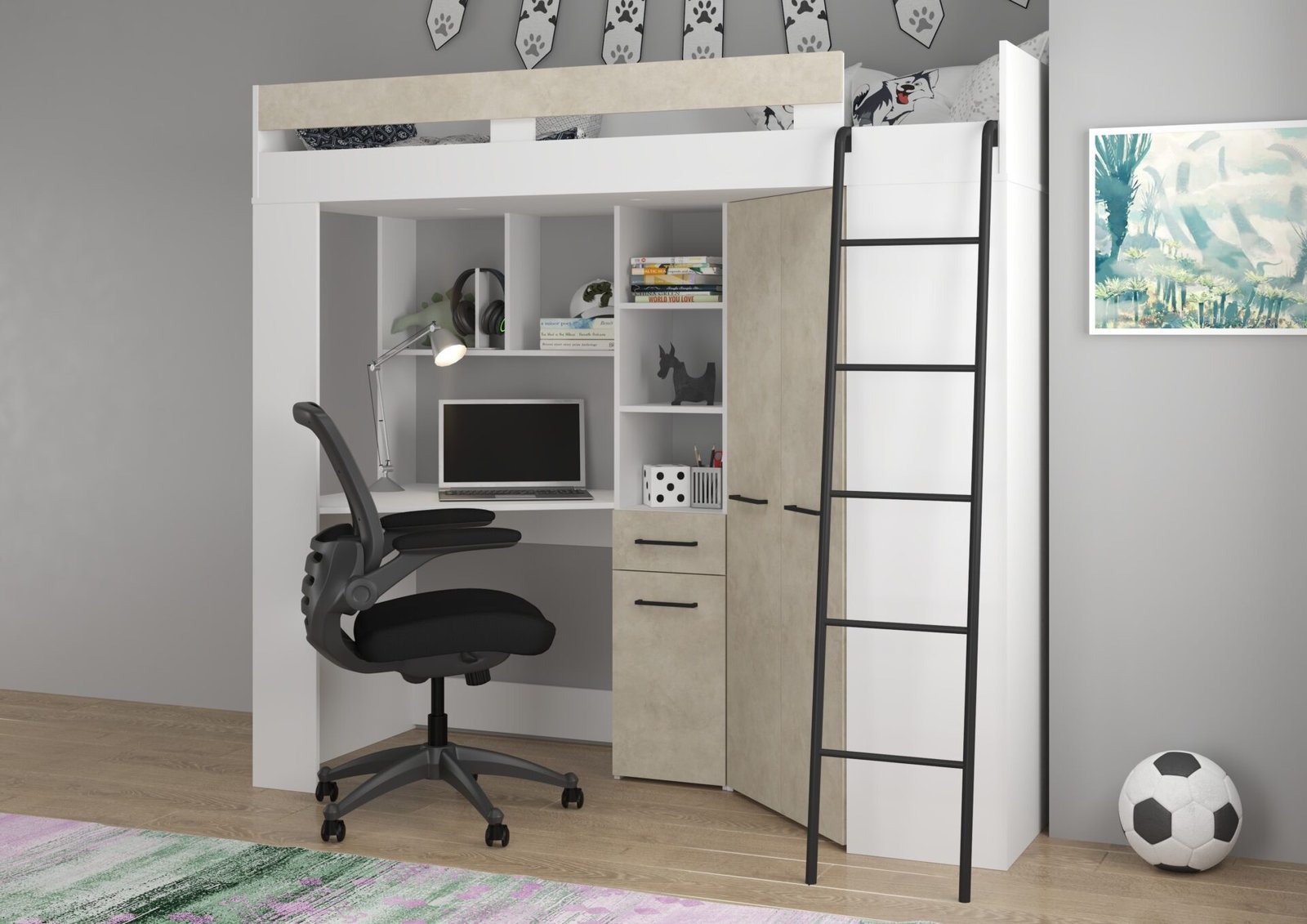 Bunk bed with desk, corner wardrobe, mezzanine FLO P, white granite, almond color - Image 3