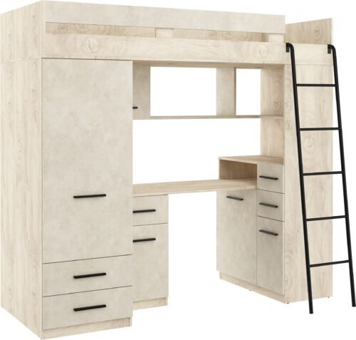 SMYK P bunk bed with mezzanine and table, wardrobe, chest of drawers, oak finish / gray, almond color