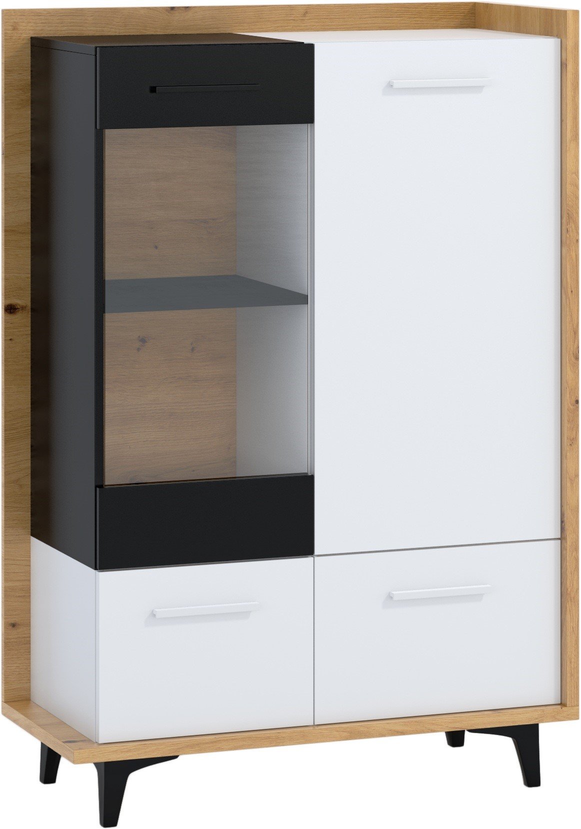 BOX 13 furniture, low living room display cabinet with doors, oak, white, black