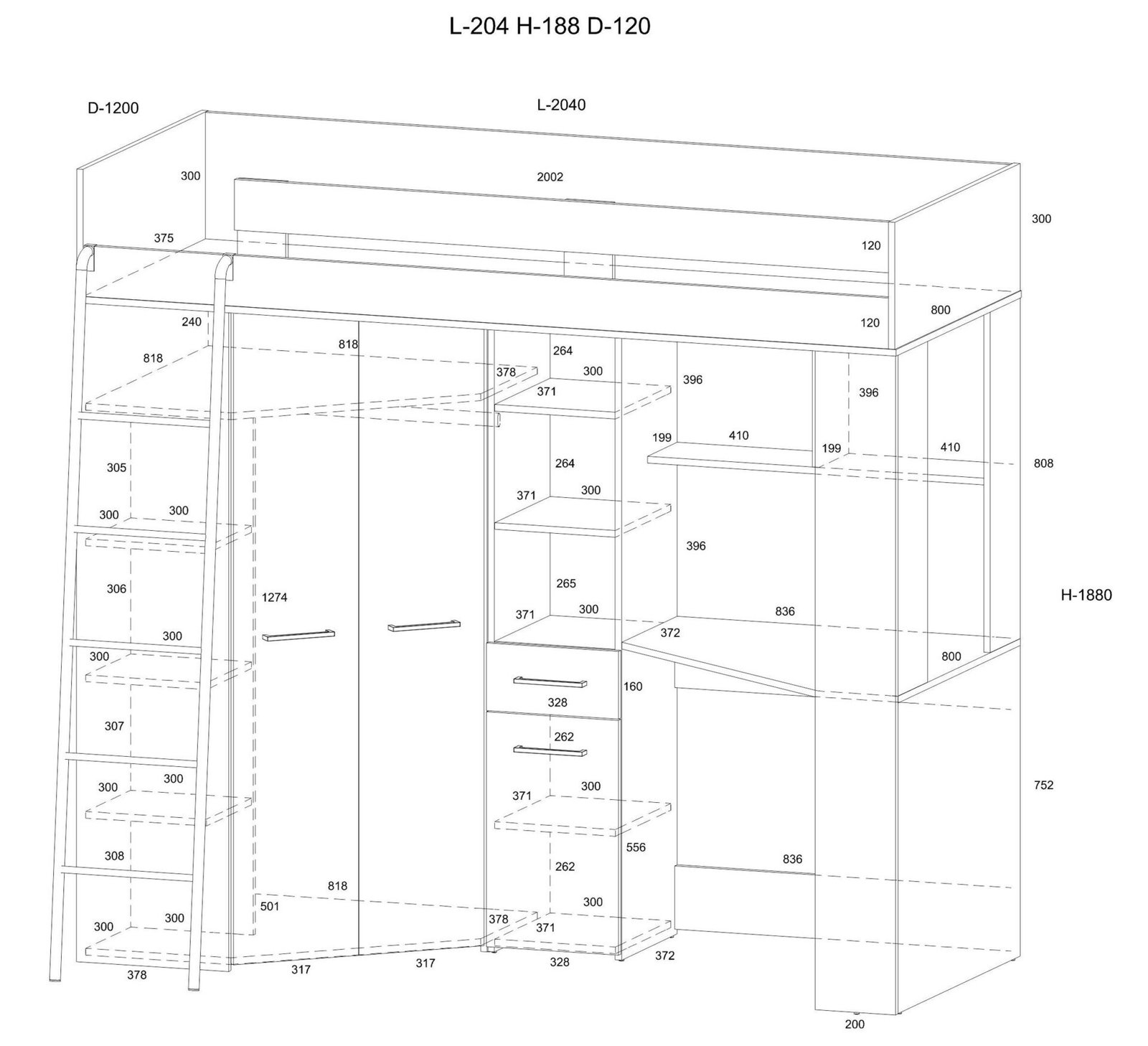 Bunk bed with table, corner wardrobe, mezzanine FLO L, Cremona oak, concrete - Image 7