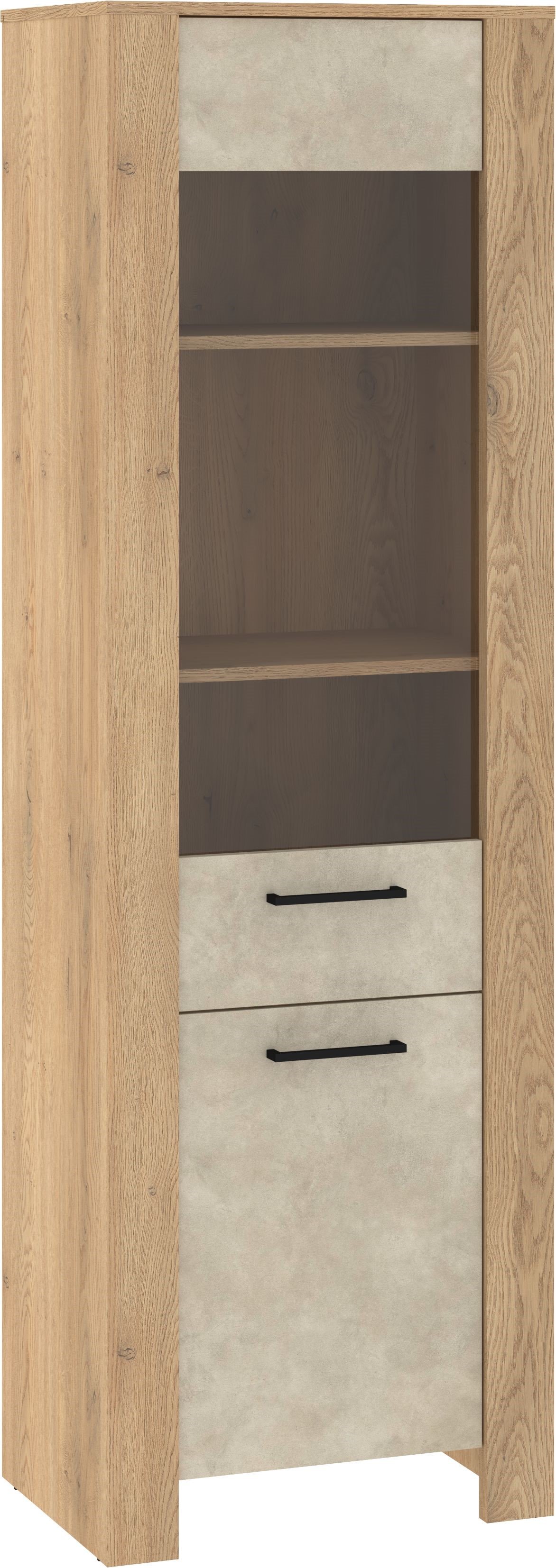 SLIDE 15 furniture, tall, narrow display cabinet for the living room, cremona oak, granada, almond color
