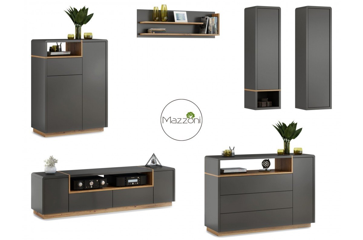 FOLK anthracite (dark gray) / artisan oak furniture set - MODERN LIVING ROOM WALL CABINET WITH LARGE TV CUPBOARD - Image 2