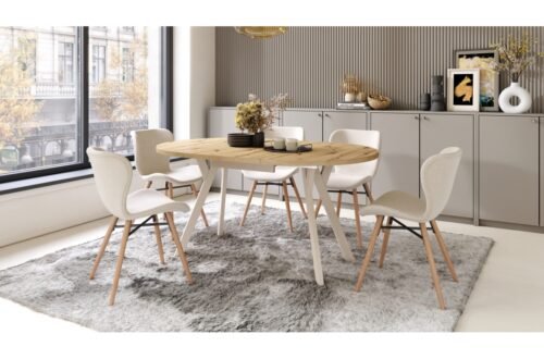 SET: ALDO Artisan oak table with beige legs – round, extendable, and 4 ALTEA beige chairs with natural oak legs – upholstered