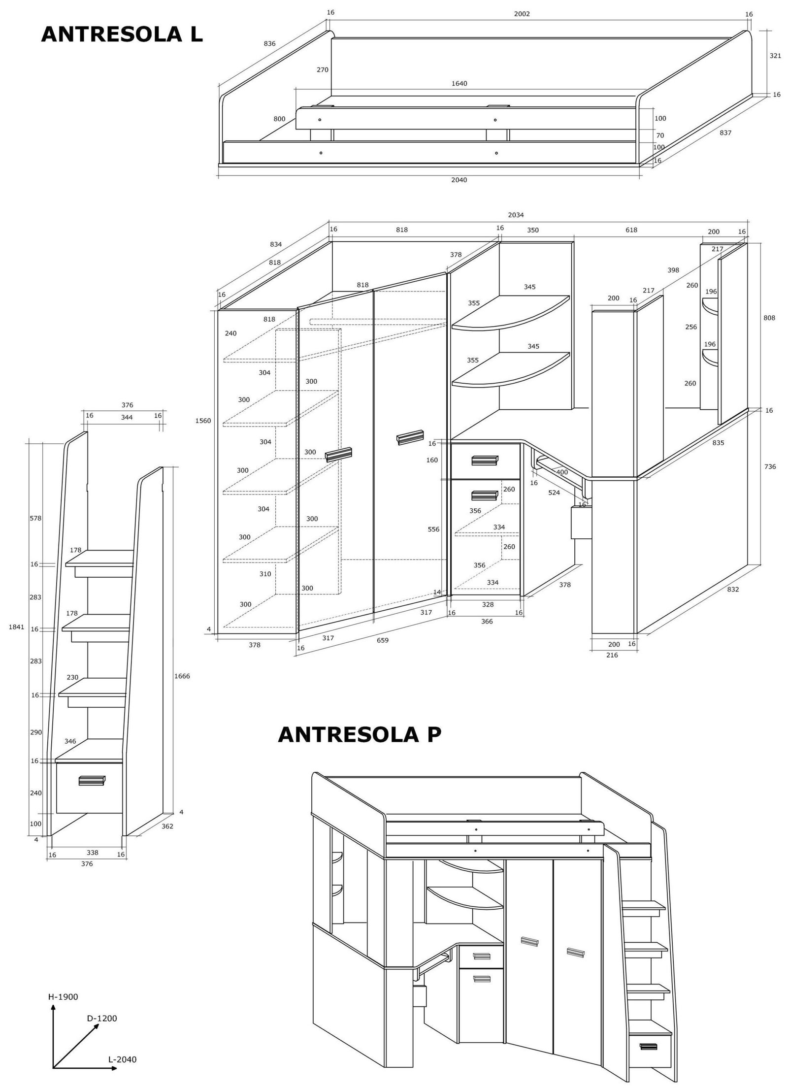 Bunk bed with table, corner wardrobe, mezzanine SOLA L craft white graphite - Image 3