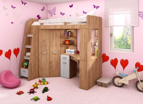 Bunk bed with table, corner wardrobe, mezzanine SOLA L craft gold white