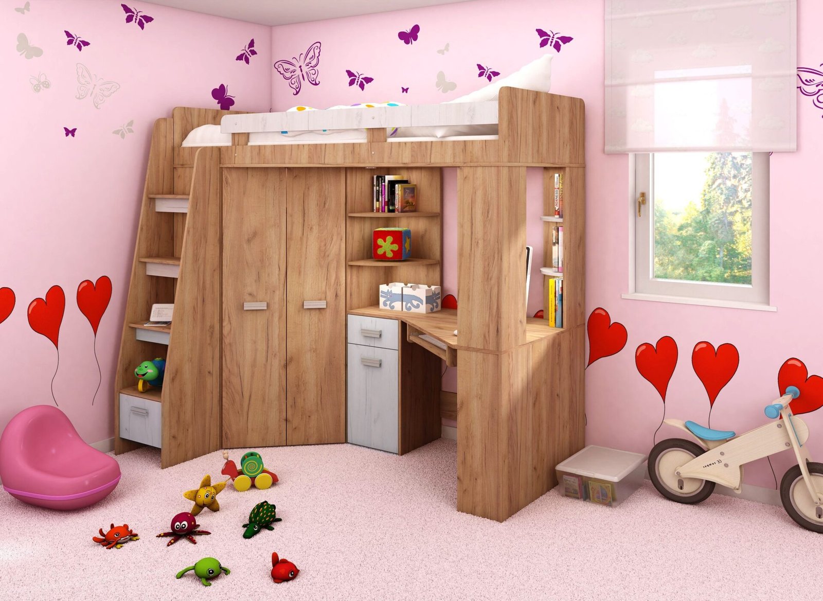 Bunk bed with table, corner wardrobe, mezzanine SOLA L craft gold white