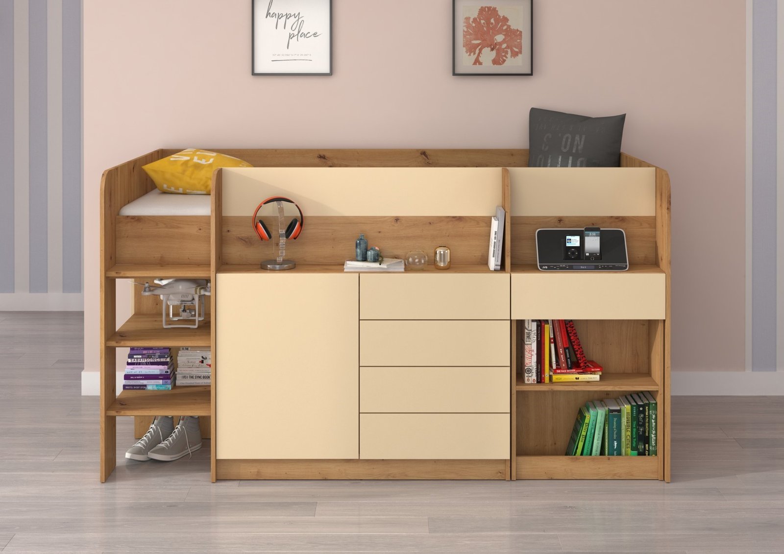 EMI L double bed, desk, chest of drawers, mezzanine, oak furniture, cream color - Image 3