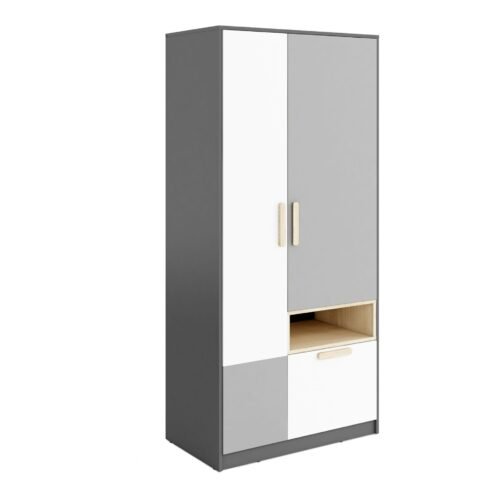 Two-door wardrobe POK PO-02 graphite/beech/gray/white