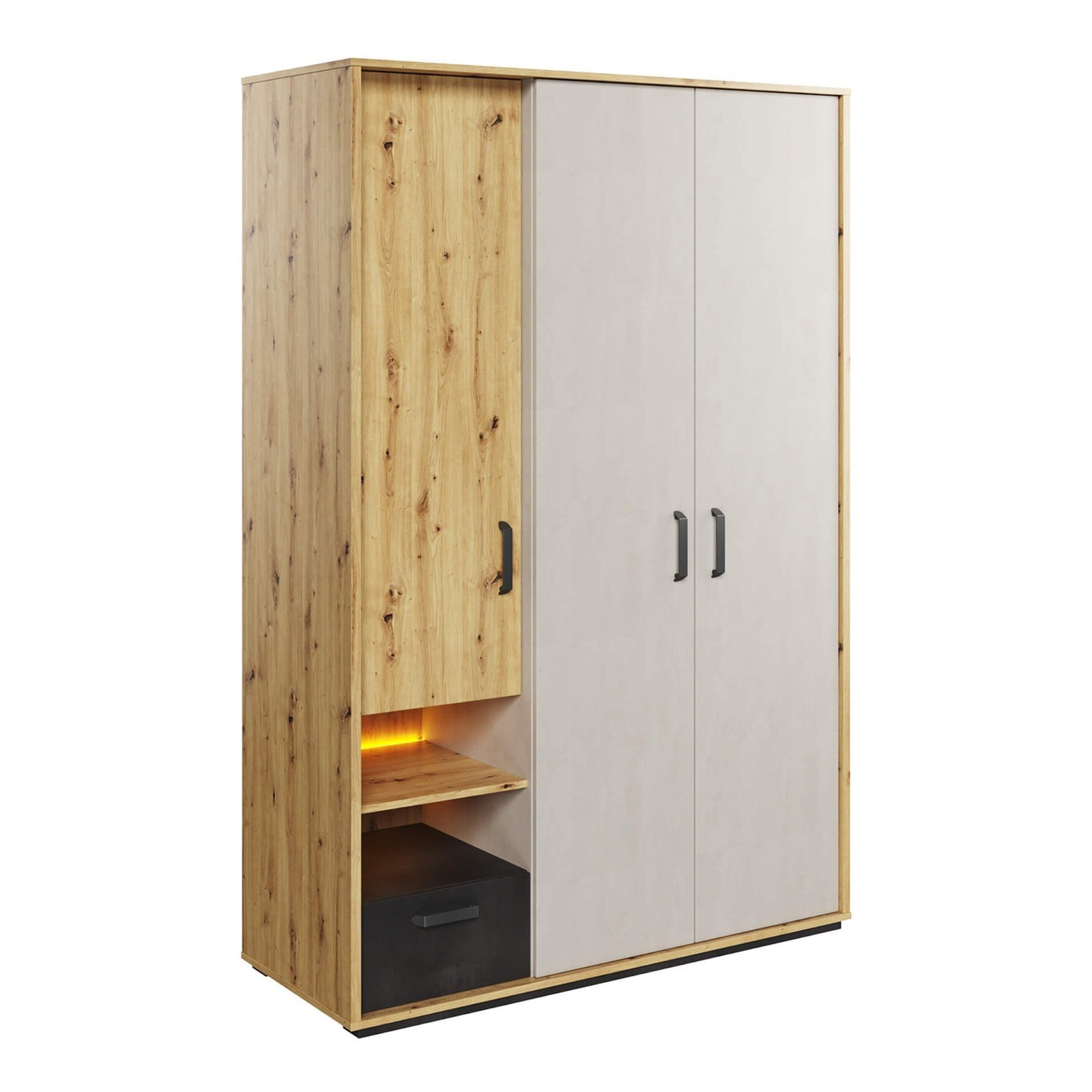 QUBIC QB-02 cabinet, oak veneer/silk flute/raw steel