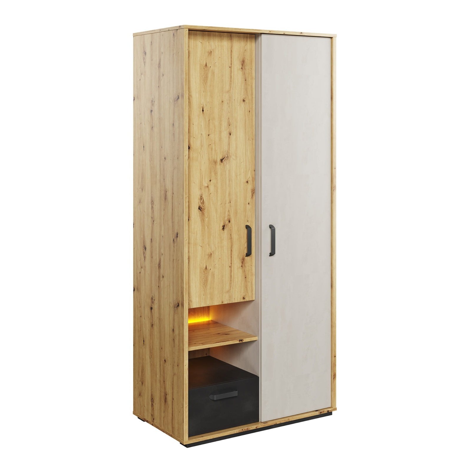 QUBIC QB-03 wardrobe, faux oak/silk grey/raw steel