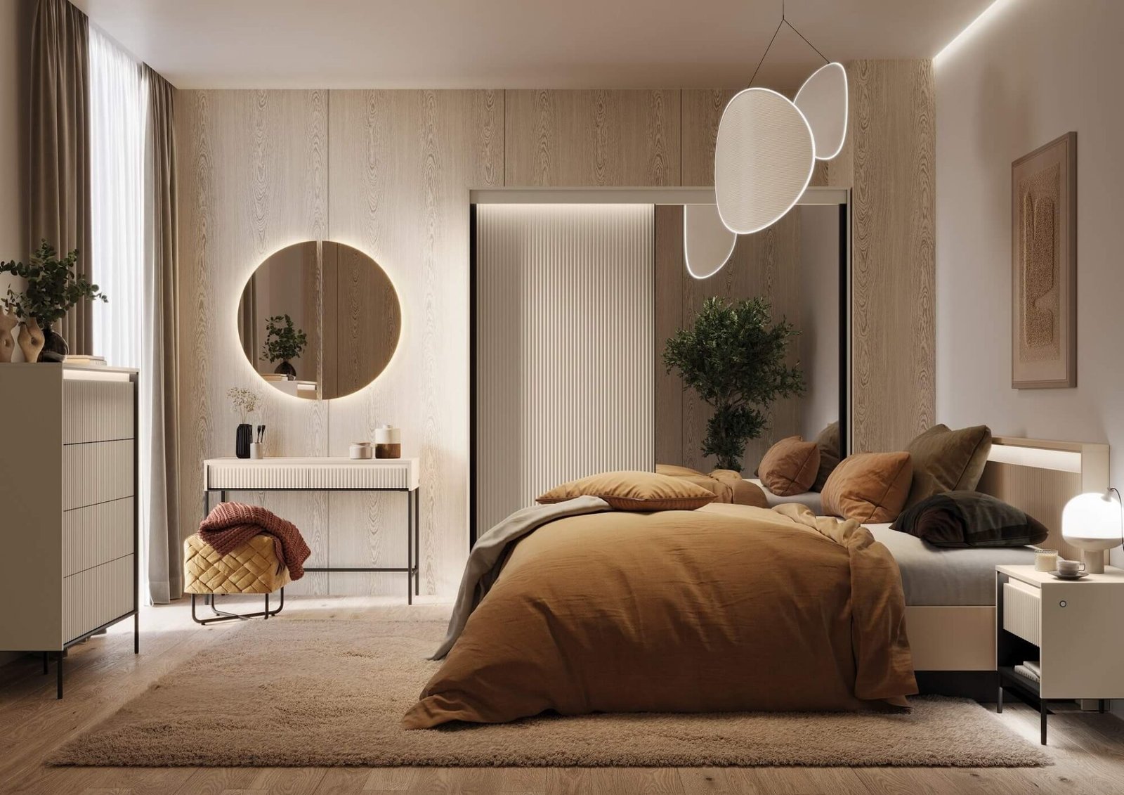 TREND TS-02 3D sliding wardrobe | Mirror, LED lighting | Beige, black - Image 7