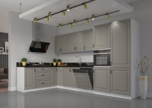 Stillo corner kitchen set, white/clay gray, corner kitchen 350/210 cm