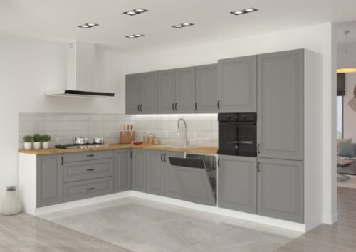 Stillo corner kitchen set, white/dust grey, corner kitchen 350/210 cm