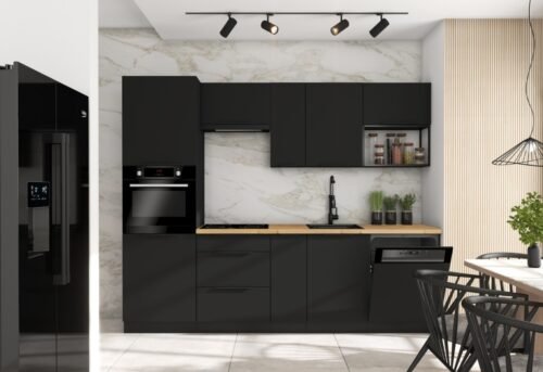 Wall kitchen set, black matt, 260 cm, with shelf