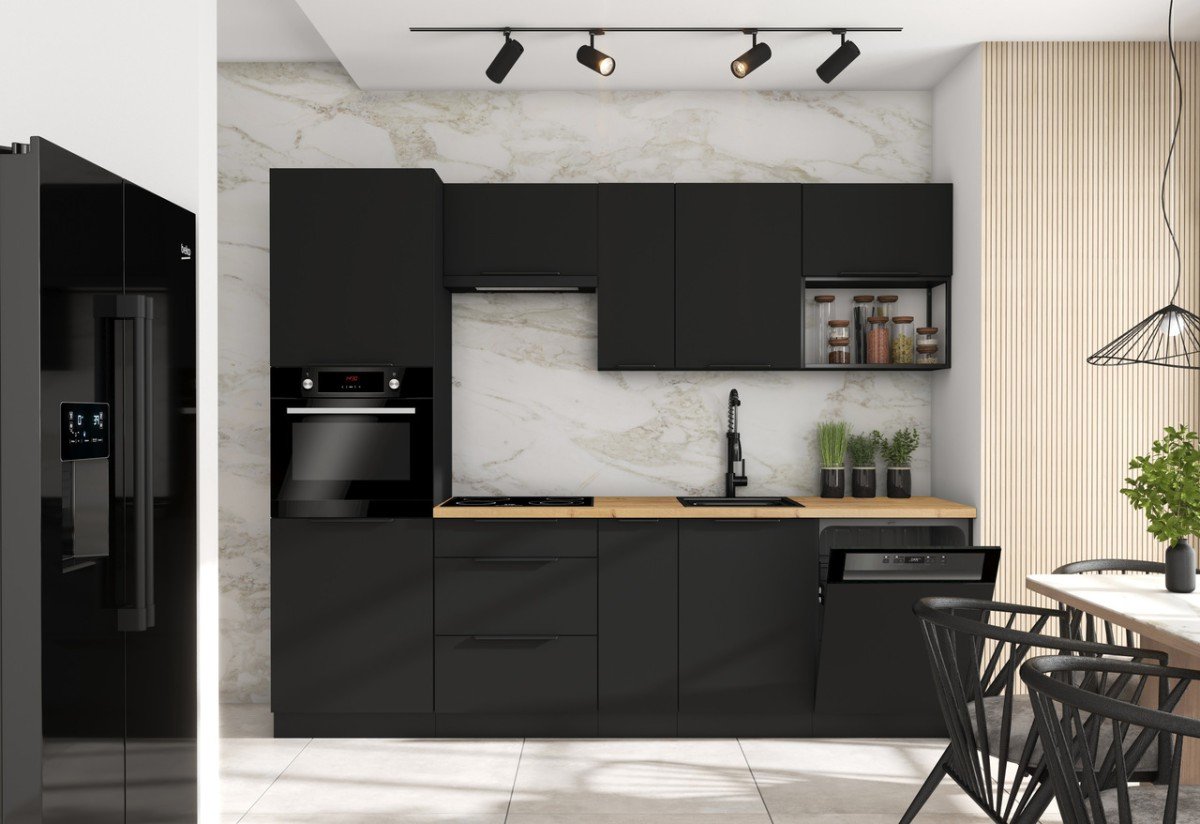 Wall kitchen set, black matt, 260 cm, with shelf