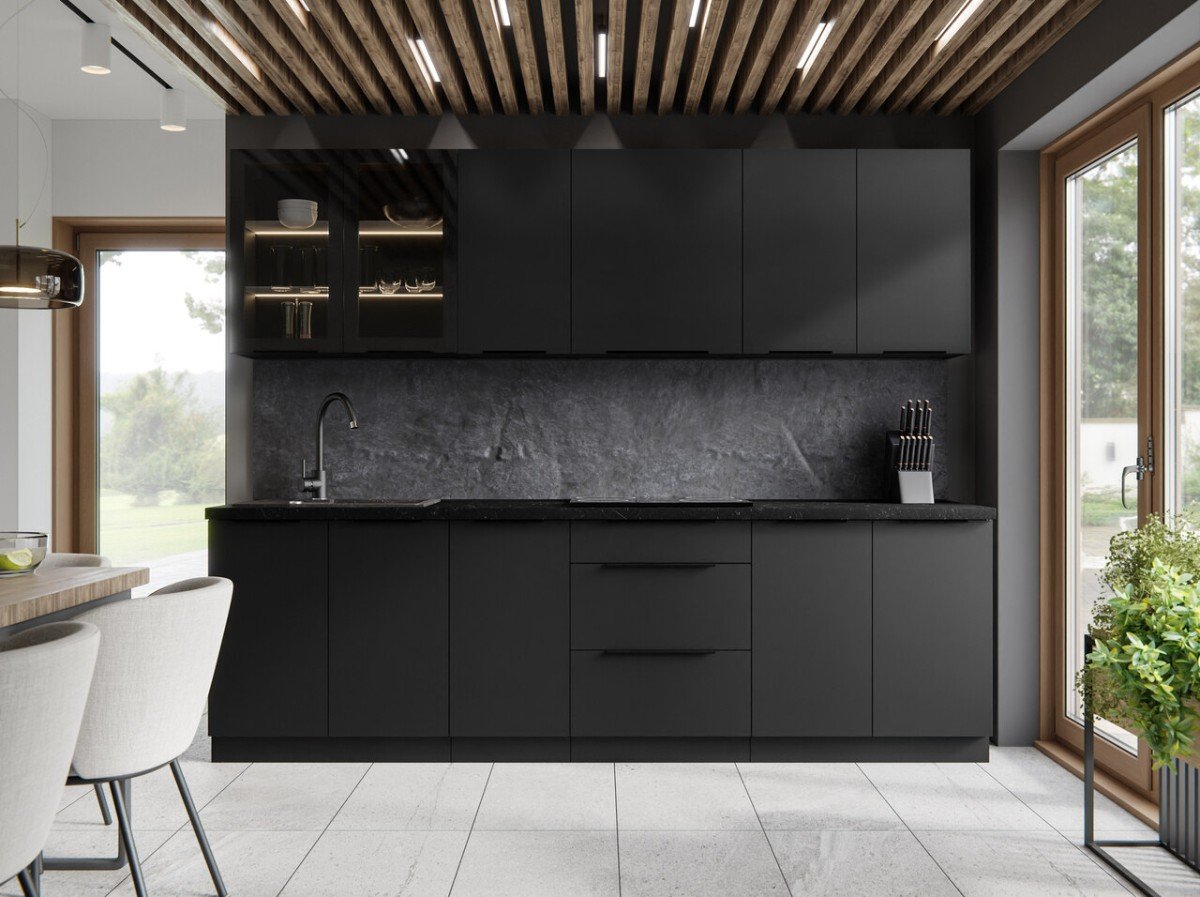 Wall kitchen set, matte black, 260 cm, with display cabinet