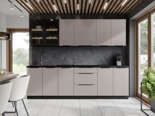 Arona kitchen set, 265 cm cashmere kitchen with display cabinet