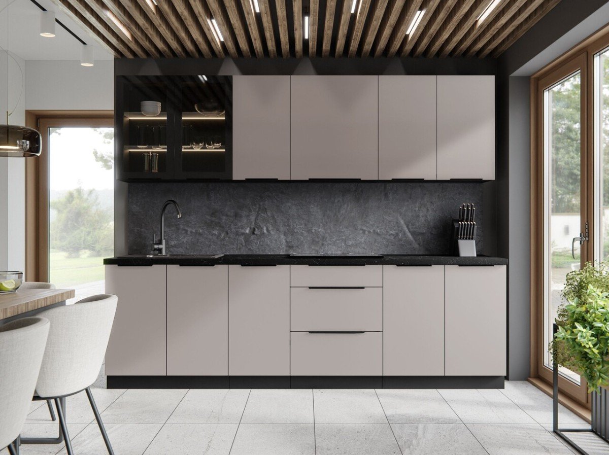 Arona kitchen set, 265 cm cashmere kitchen with display cabinet