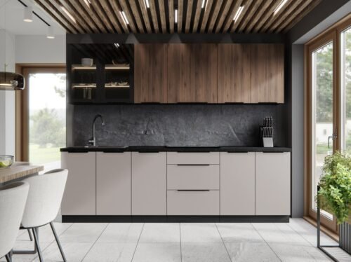 Arona + Monza kitchen set, 265 cm kitchen with display cabinet