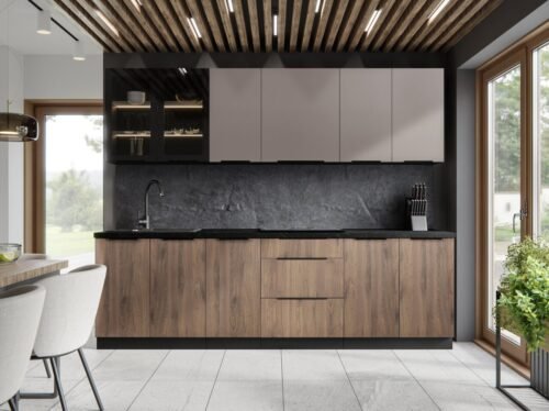 Monza + Arona kitchen set, 265 cm kitchen with display cabinet