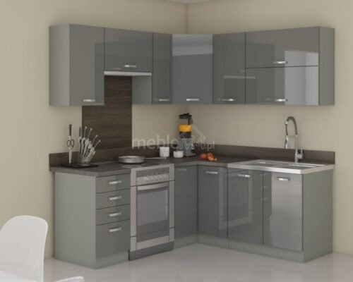 Gray corner kitchen 190–170 cm, gray glossy