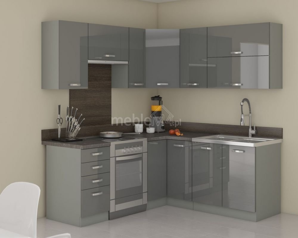 Gray corner kitchen 190–170 cm, gray glossy