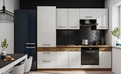 Vigo kitchen 240 cm, white glossy color with column