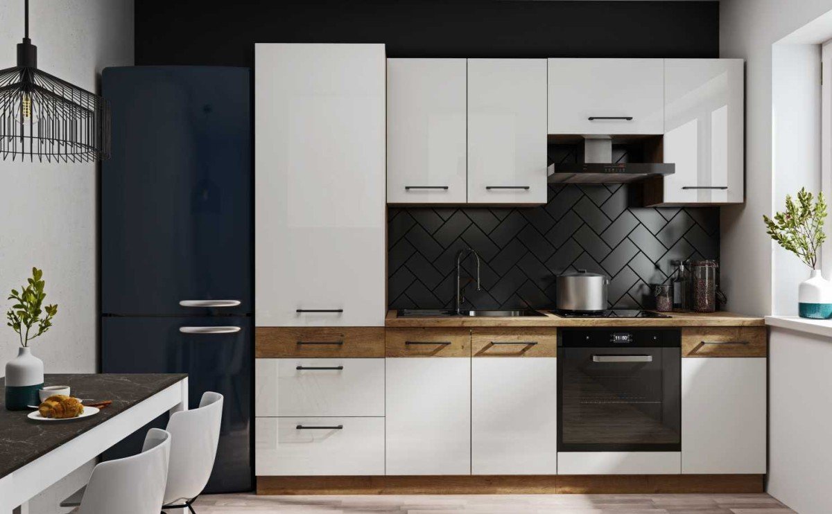 Vigo kitchen 240 cm, white glossy color with column