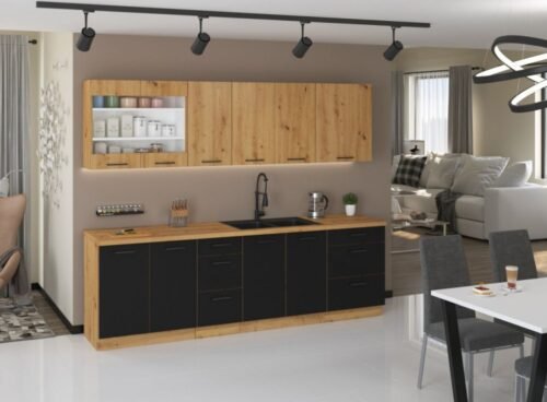 Loft-style kitchen with 260 cm Modena display cabinet