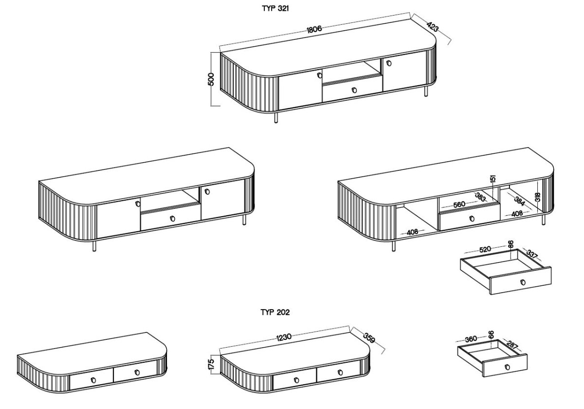 TV cabinet 2F 1S with drawer 321 Oval beige beige color - Image 5