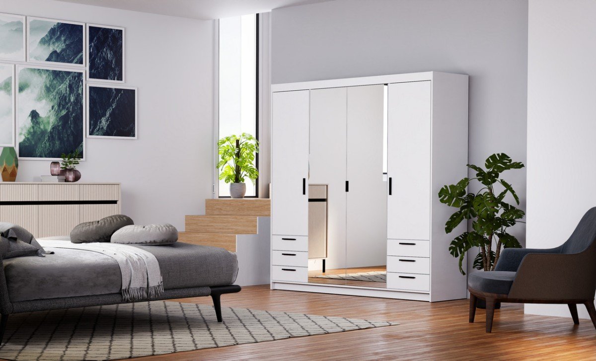 Wardrobe with mirrors and drawers Elena 4D 6S - mirror white matte - Image 6