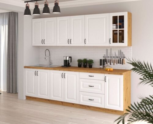 White MDF kitchen 260 cm with Stillo display cabinet