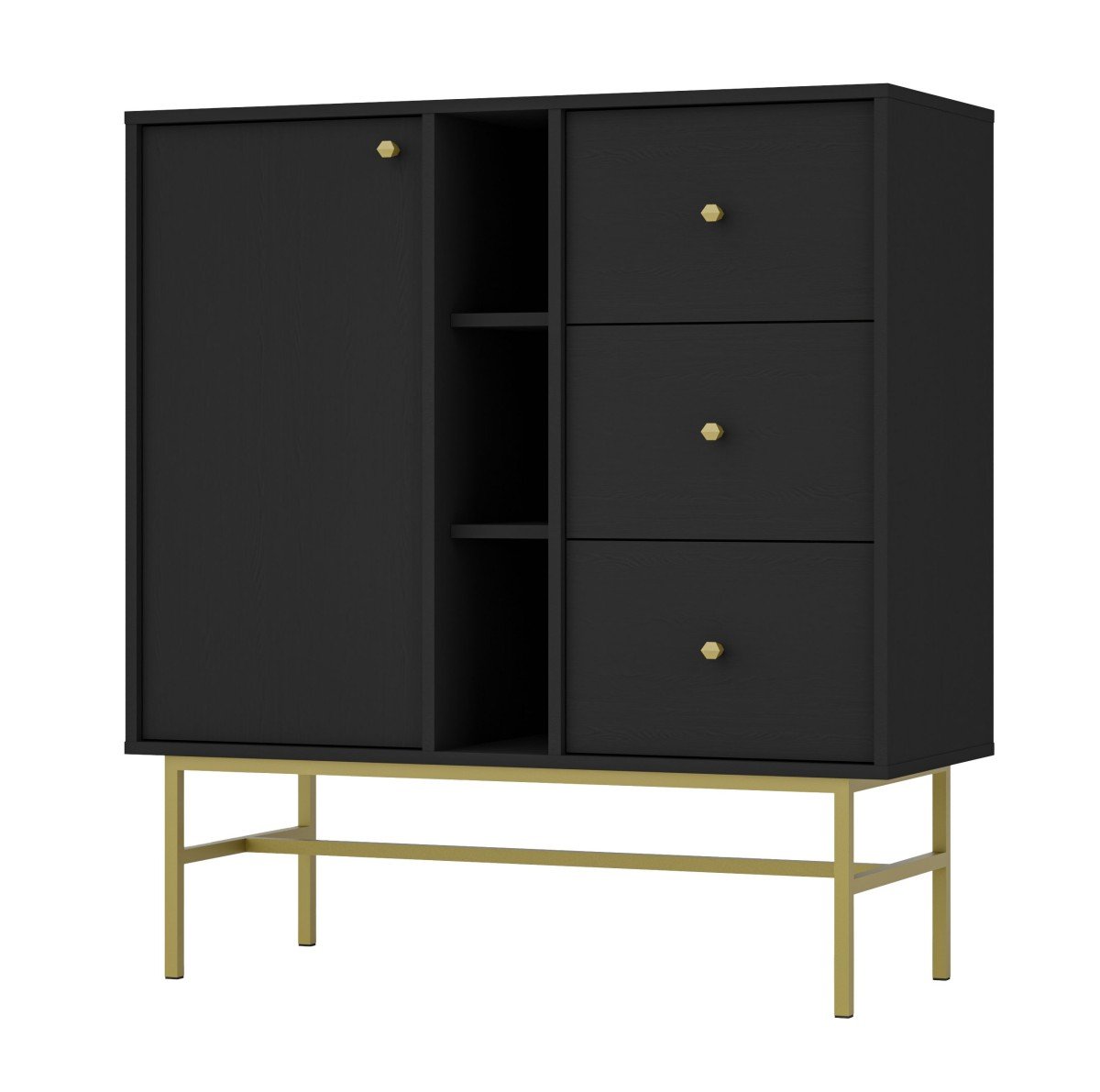 Black chest of drawers "Tokyo 1F3S" with cabinet and niches
