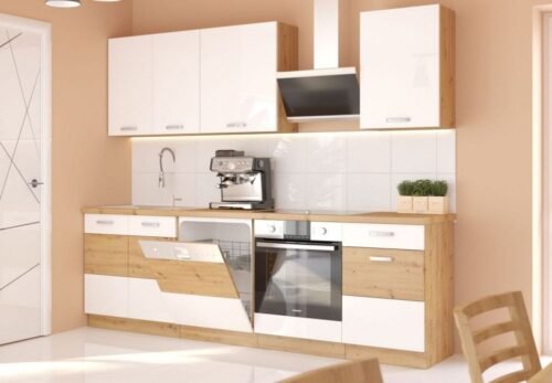 Artisan kitchen, 250 cm, white, glossy