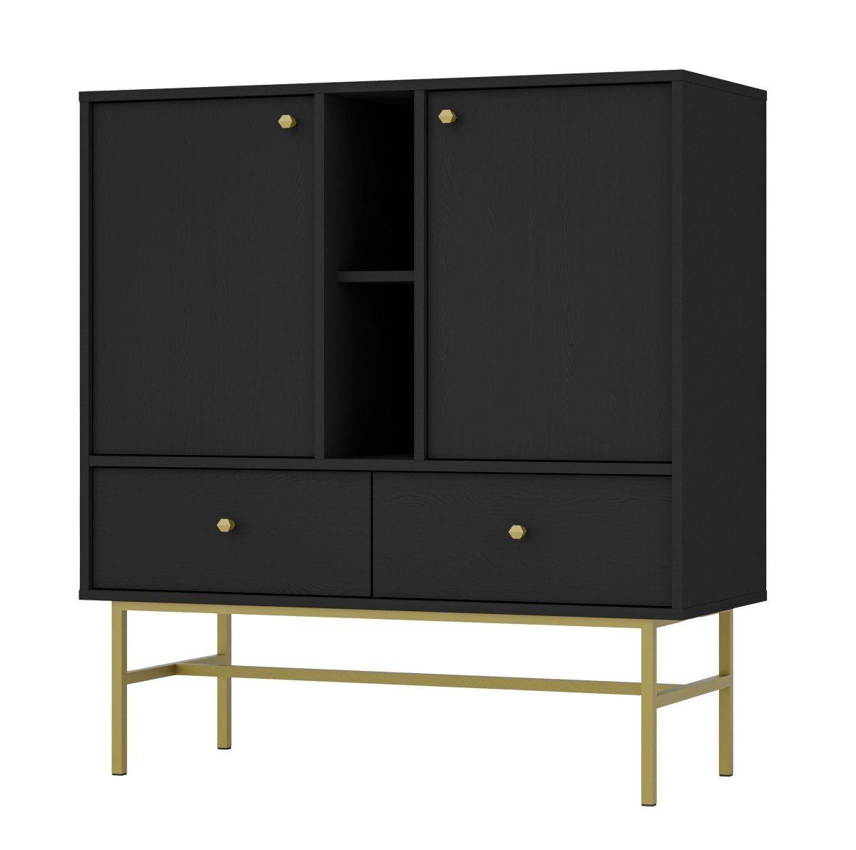 Black chest of drawers "Tokyo 2F2S" with cabinets, drawers and niches
