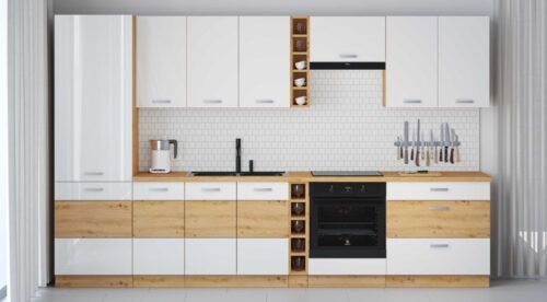Artisan kitchen set, 335 cm, glossy white and artisan oak