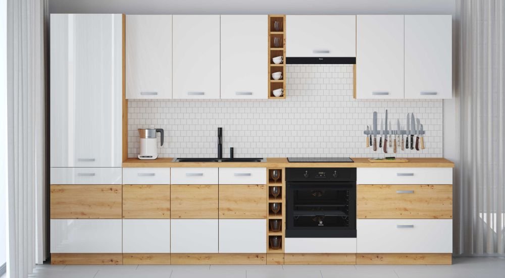 Artisan kitchen set, 335 cm, glossy white and artisan oak