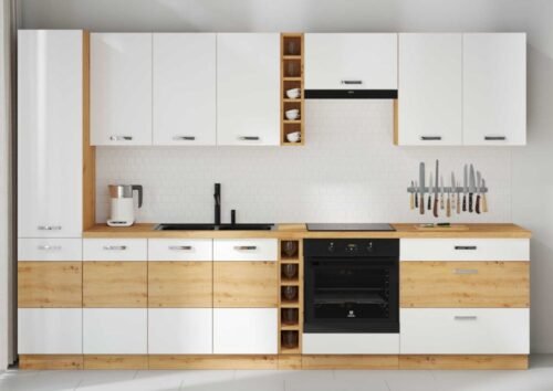 Artisan kitchen set, 315 cm, glossy white and artisan oak