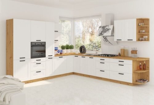 Corner kitchen set, corner kitchen 310/340 cm white/artisan Luna