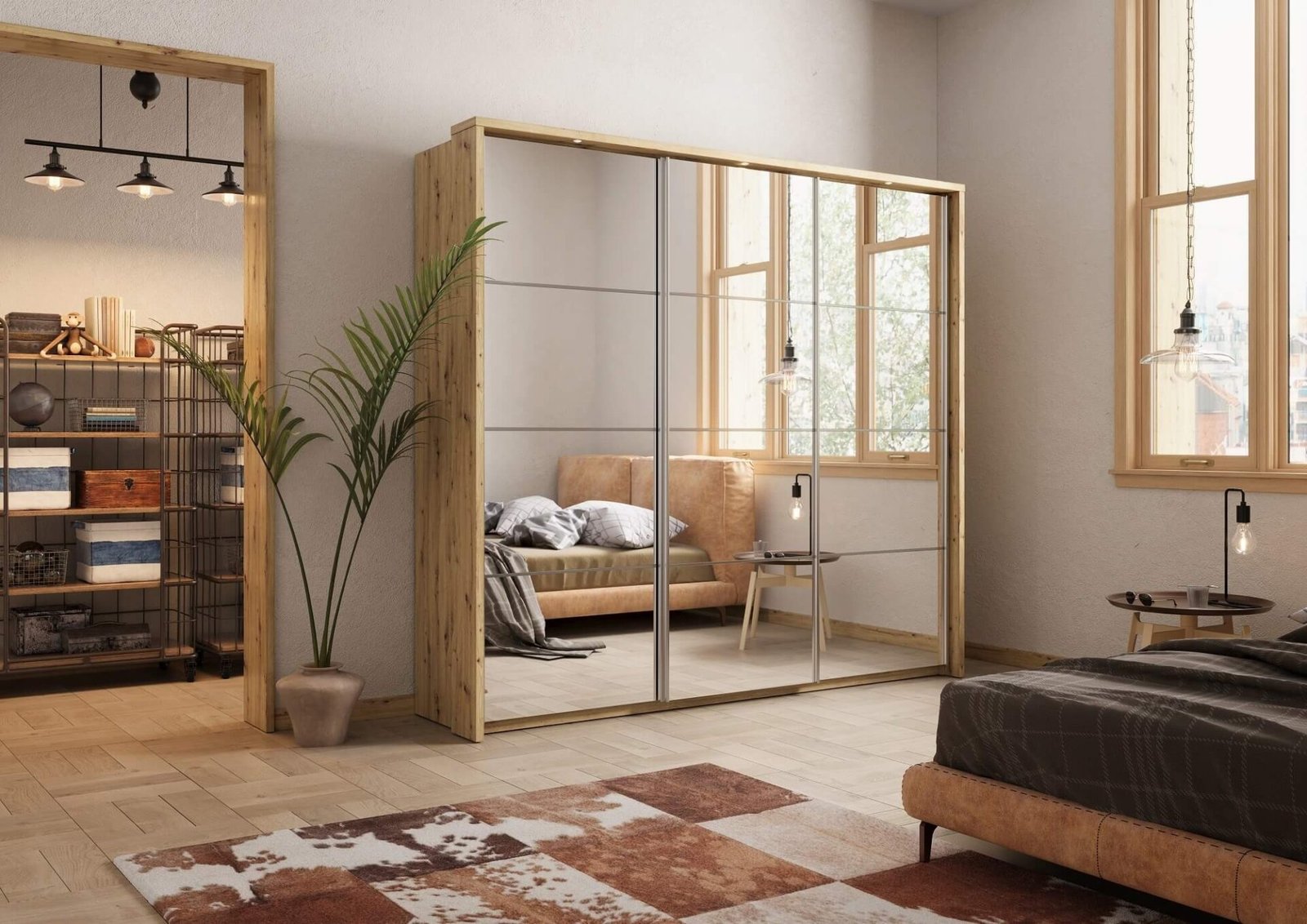 ARTI AR-27 3D sliding wardrobe | 240 cm | Mirror, LED lighting | Shetland oak - Image 2