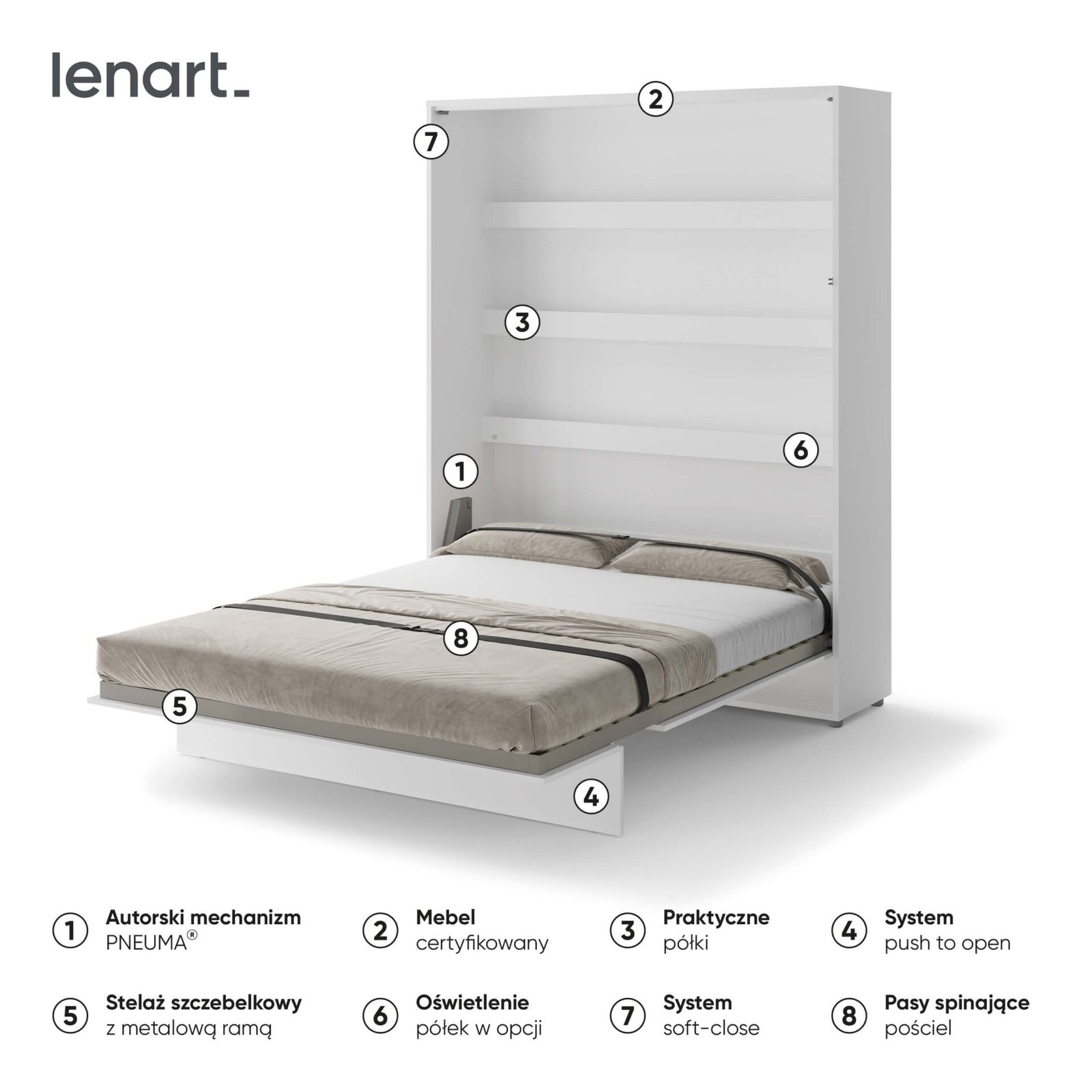 Lenart BED CONCEPT BC-12 vertical wall bed 160 cm glossy white - Image 6