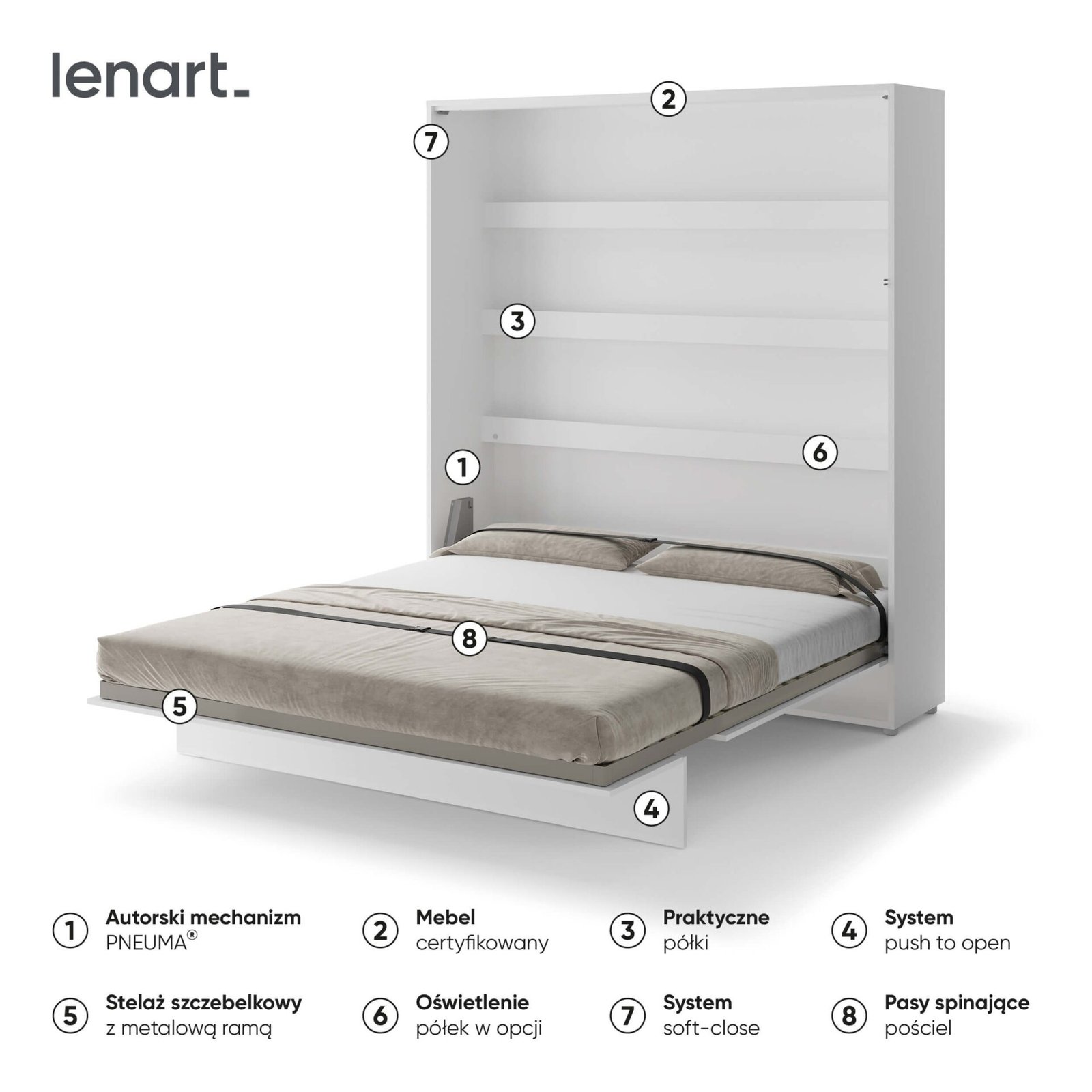 Lenart BED CONCEPT BC-13 vertical wall bed 180 cm, white glossy - Image 6