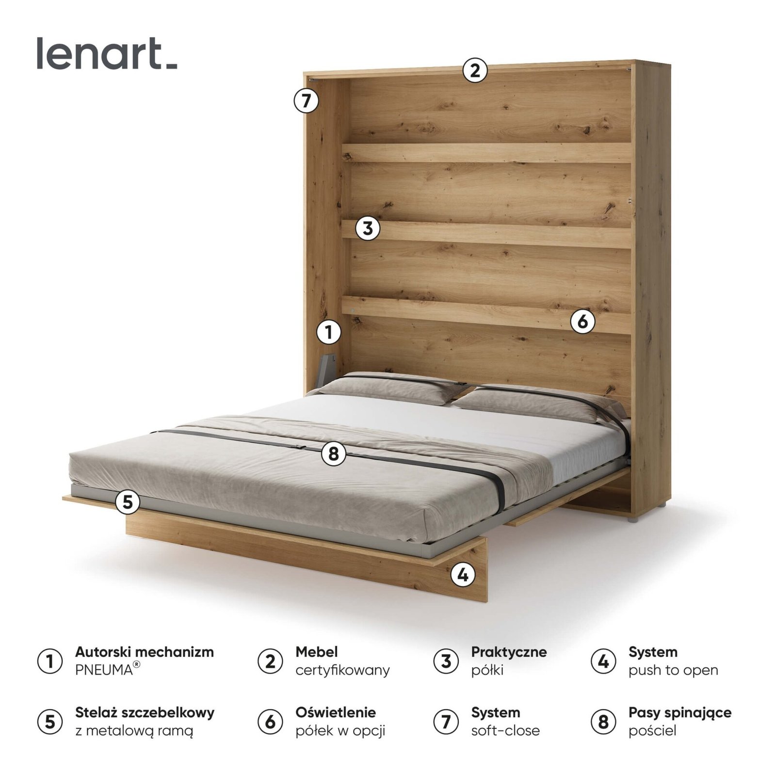 Lenart BED CONCEPT BC-13 vertical wall bed 180 cm, oak imitation - Image 6