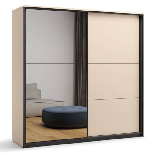 ENNA EN-01 2D sliding wardrobe | 220 cm | Mirror, LED lighting | Beige, black