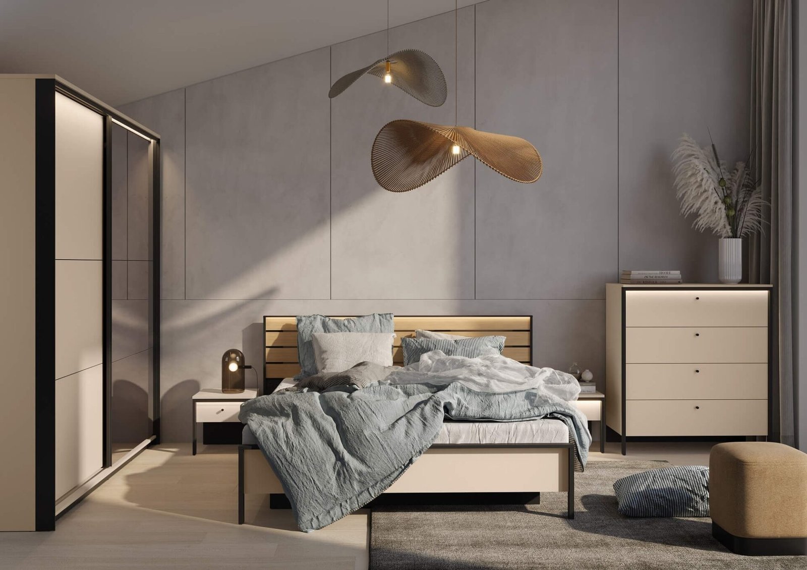 ENNA EN-06 4D four-door wardrobe | 250 cm | Mirror, LED lighting | Sand, black colors - Image 7