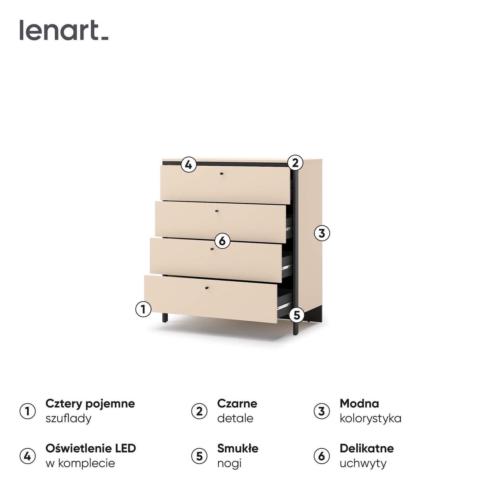 ENNA EN-03 4S chest of drawers | LED lighting | Sand, black - Image 6