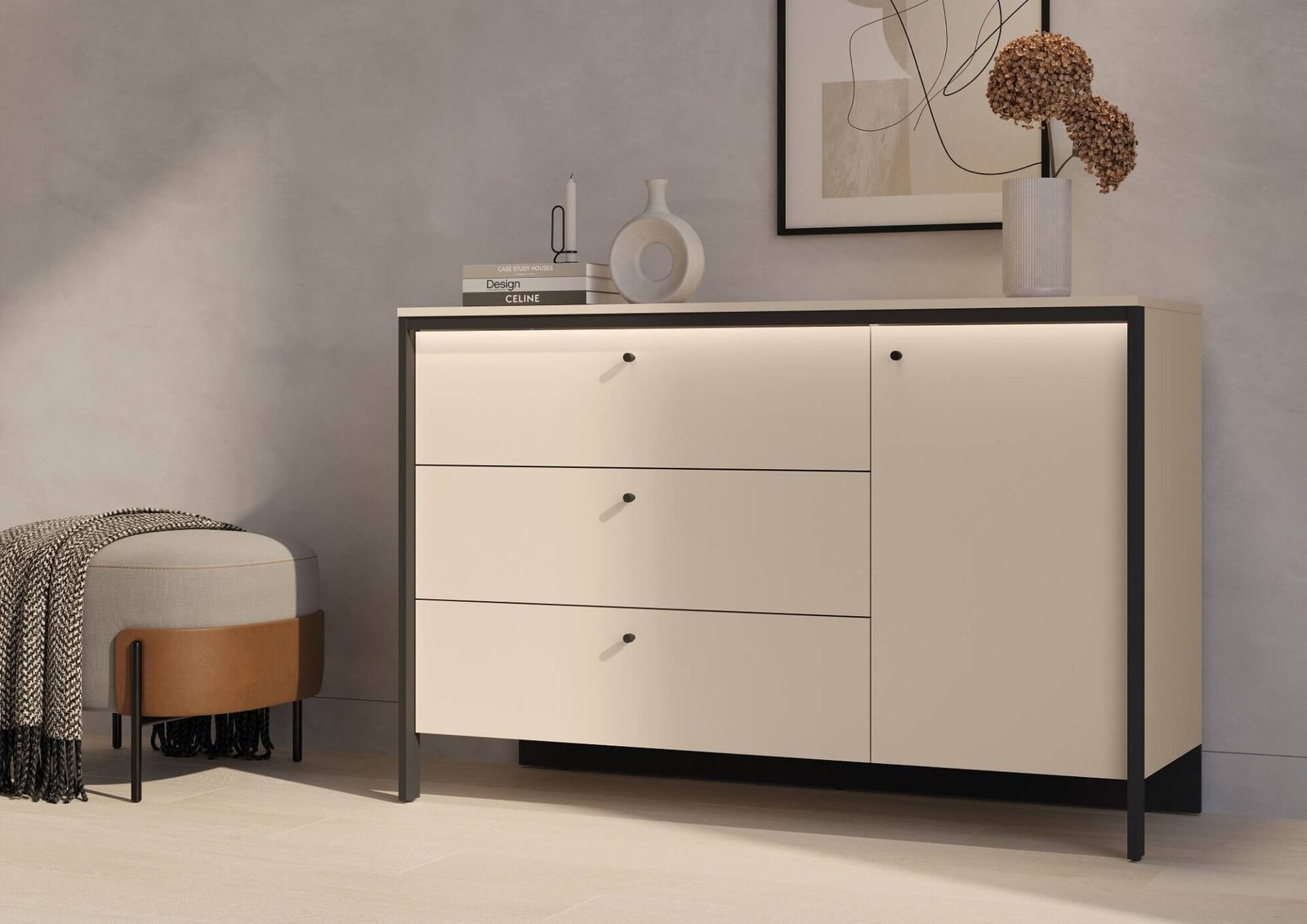ENNA EN-04 1D3S Chest of drawers | LED lighting | Sand, Black - Image 2