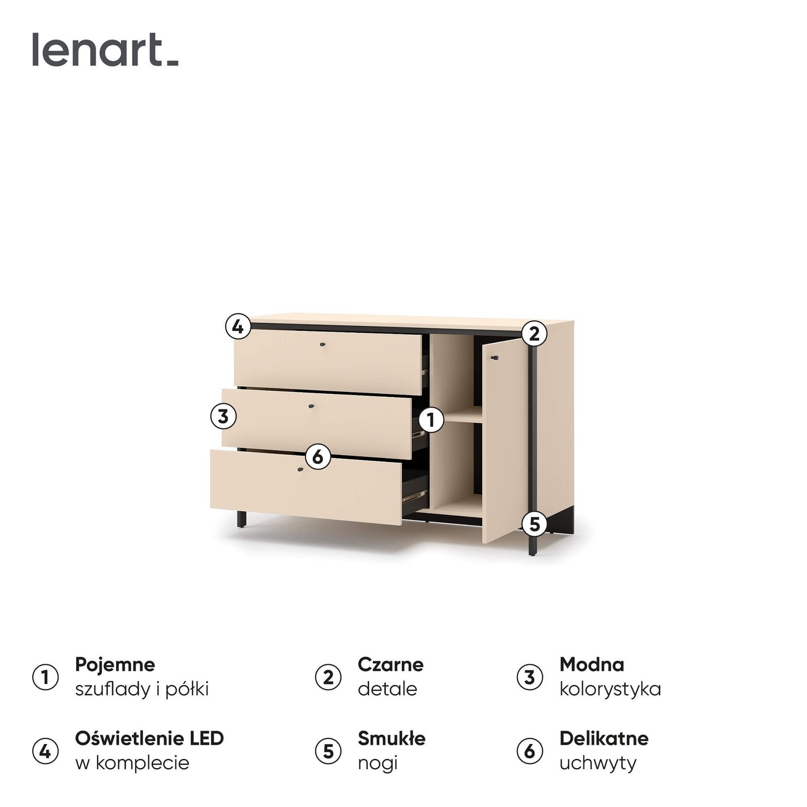 ENNA EN-04 1D3S Chest of drawers | LED lighting | Sand, Black - Image 6